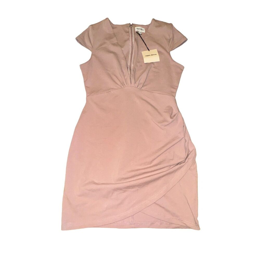 Super Down Minnie Deep V Dress Women's M Lavender Tulip Hem Cap Sleeve Ruche NWT